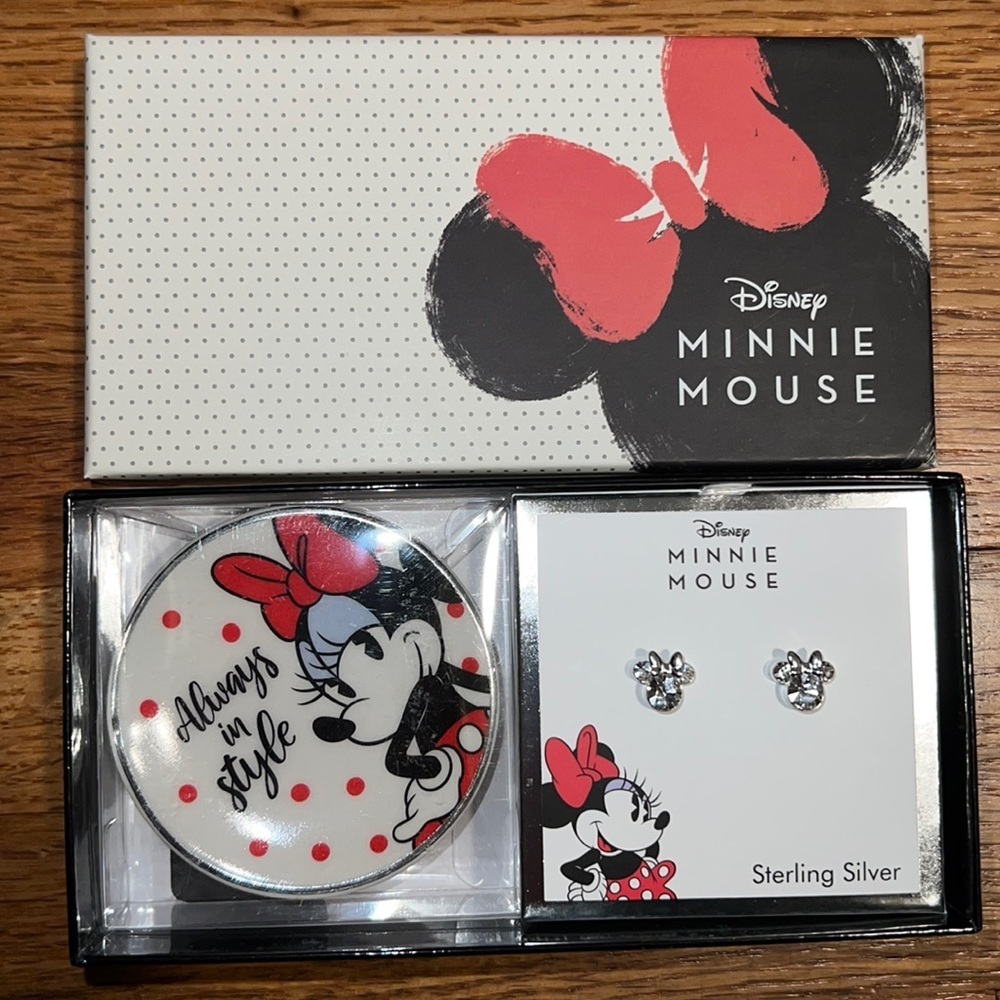 Minnie Mouse Clear Crystal Stud Earrings in Sterling Silver with Trinket Dish - Picture 2 of 6